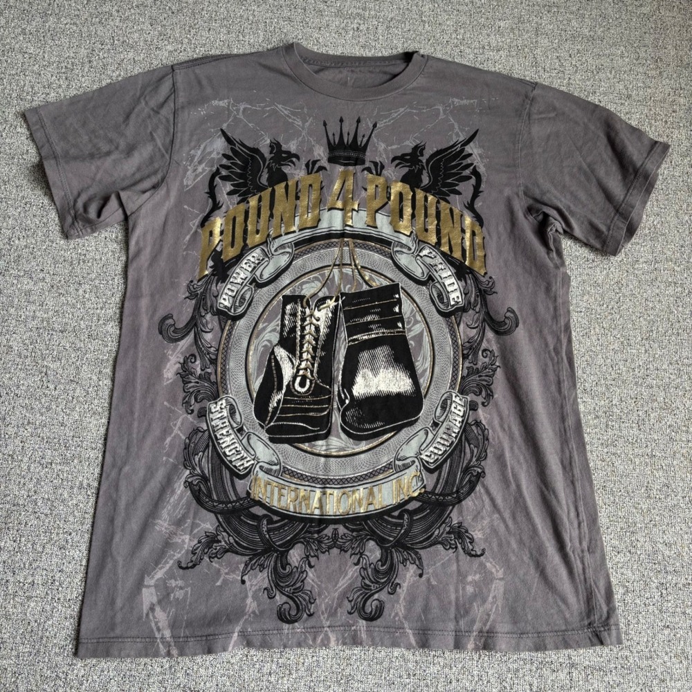 Christian Audigier Pound‎ 4 Pound Boxing Graphic T-Shirt Gray Gold Foil Mens M